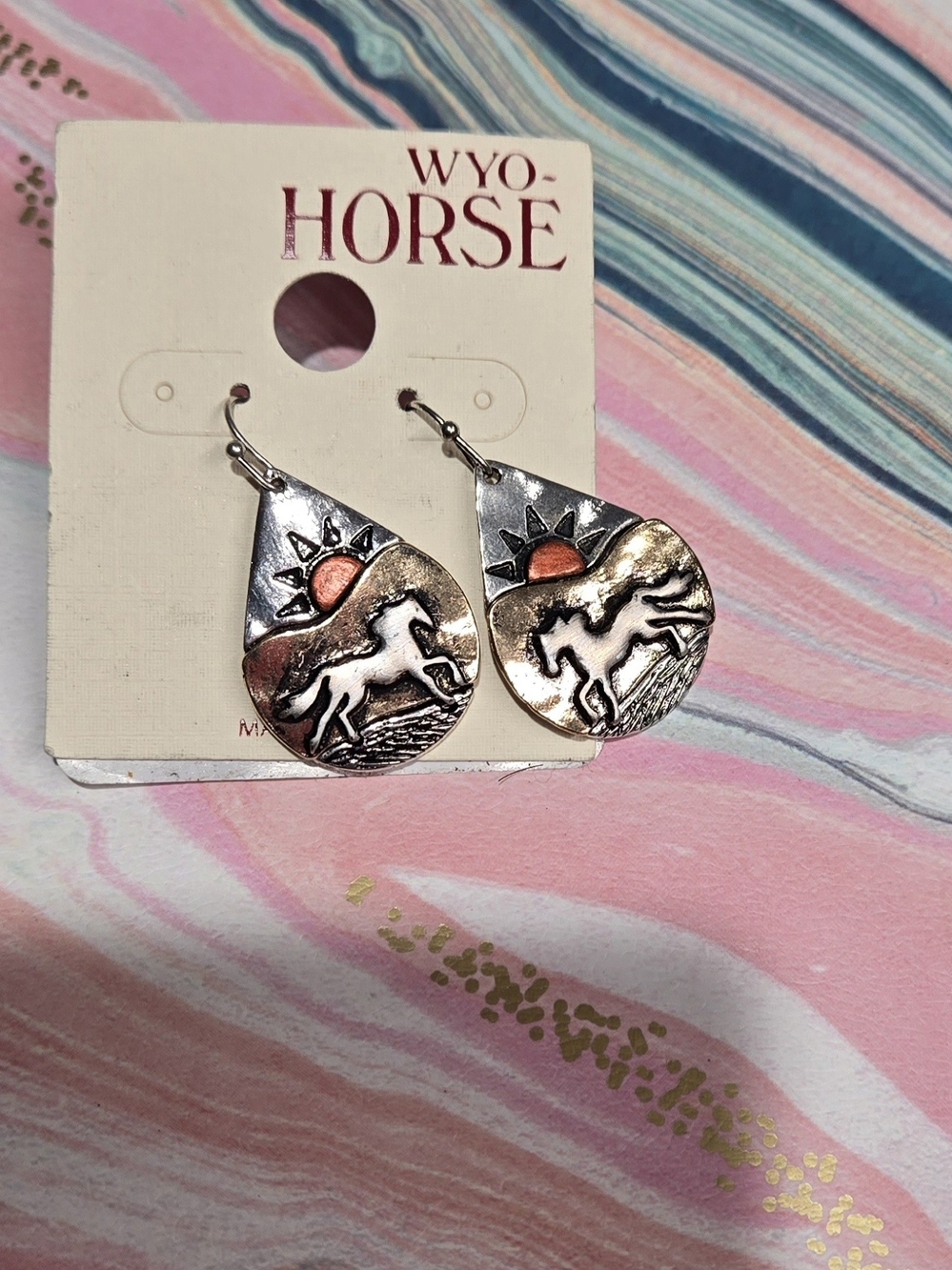 Wyo-Horse Silver and Copper Horse Teardrop Earrings